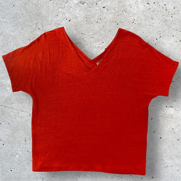 CHICOS 100% Linen Tee Shirt V Neck Short Sleeve Top Orange Size 2 Large T Shirt - Picture 1 of 10